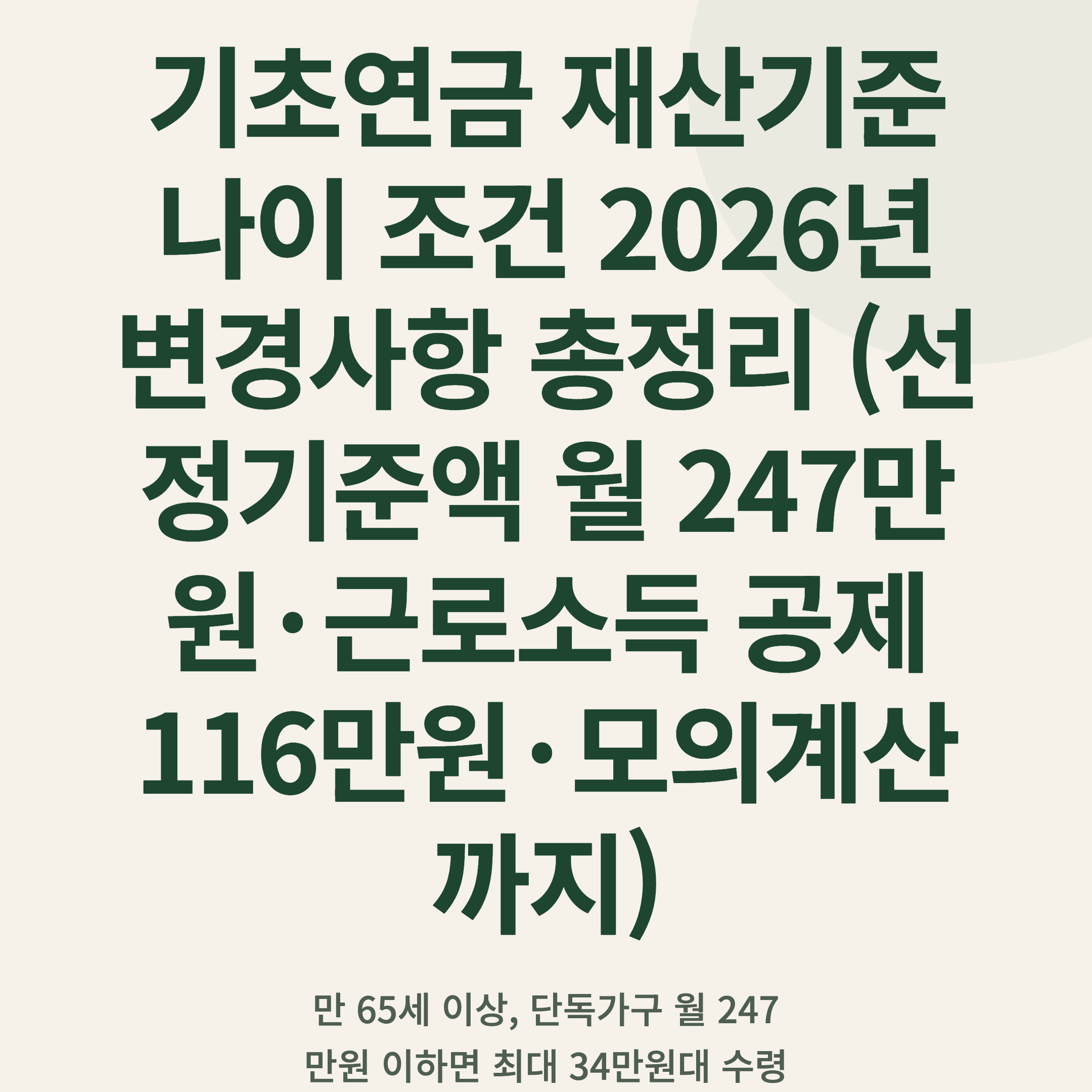 기초연금 재산기준 나이 조건 2026년 변경사항 총정리 (선정기준액 월 247만원·근로소득 공제 116만원·모의계산까지)