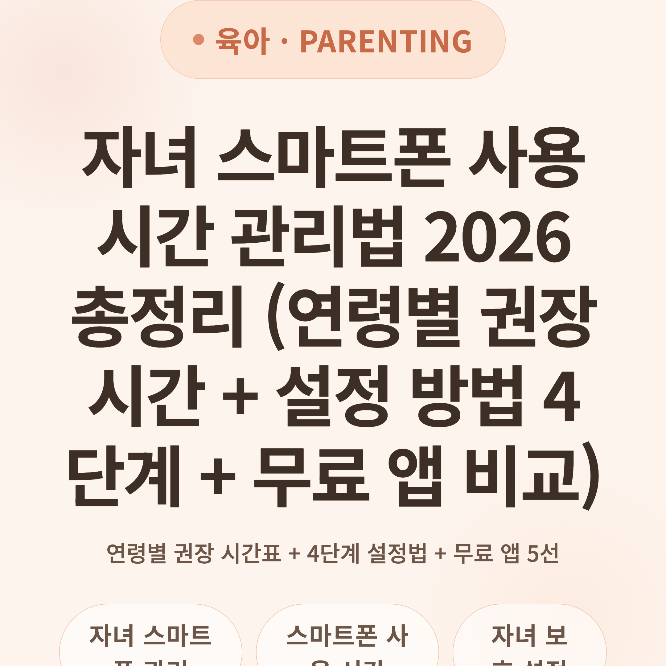 자녀 스마트폰 사용 시간 관리법 2026 총정리 (연령별 권장 시간 + 설정 방법 4단계 + 무료 앱 비교)