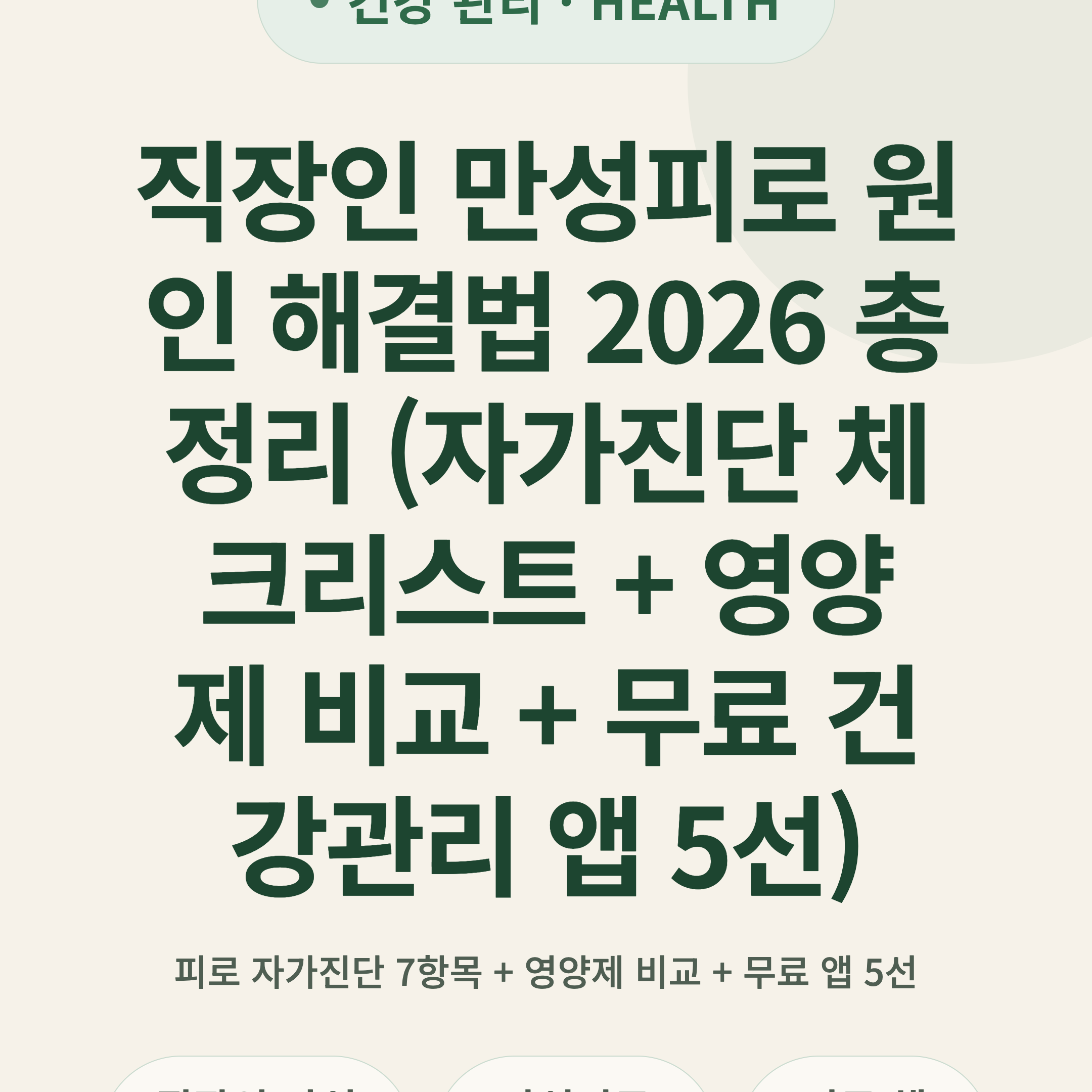 직장인 만성피로 원인 해결법 2026 총정리 (자가진단 체크리스트 + 영양제 비교 + 무료 건강관리 앱 5선)