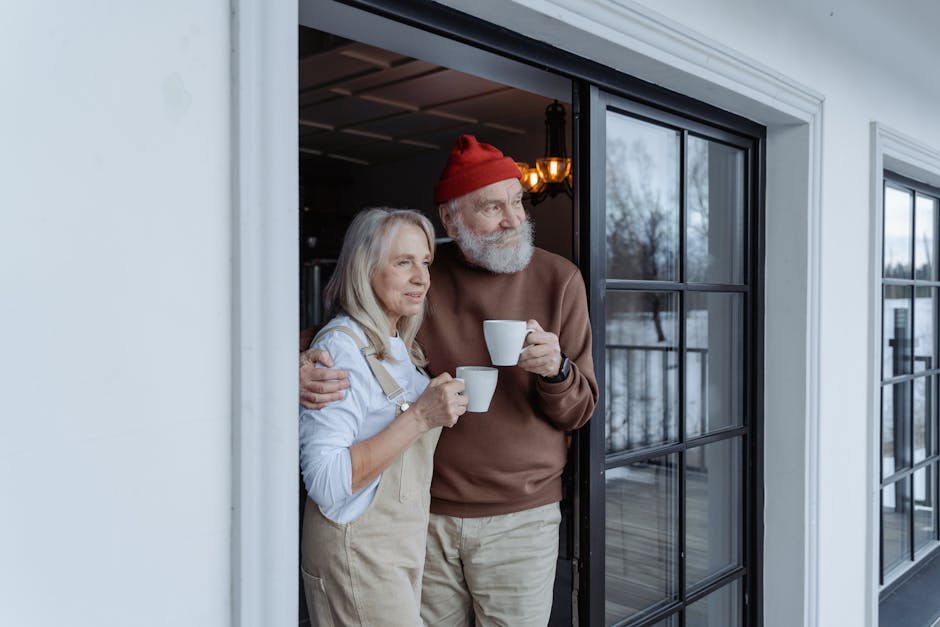 Happy senior couple enjoying coffee together at home, embracing love and warmth.