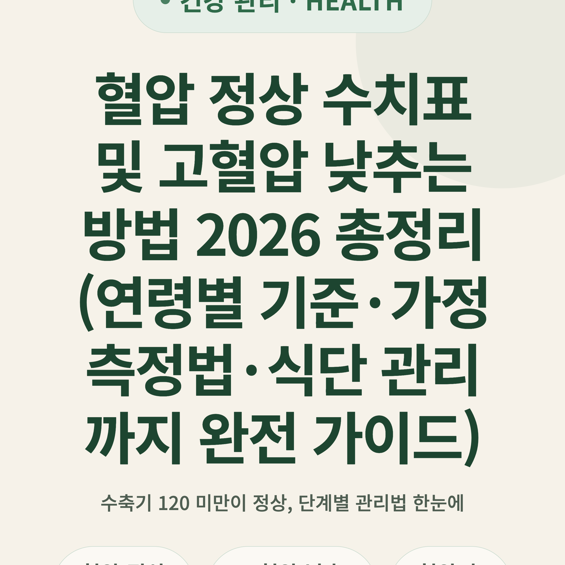 혈압 정상 수치표 및 고혈압 낮추는 방법 2026 총정리 (연령별 기준·가정 측정법·식단 관리까지 완전 가이드)