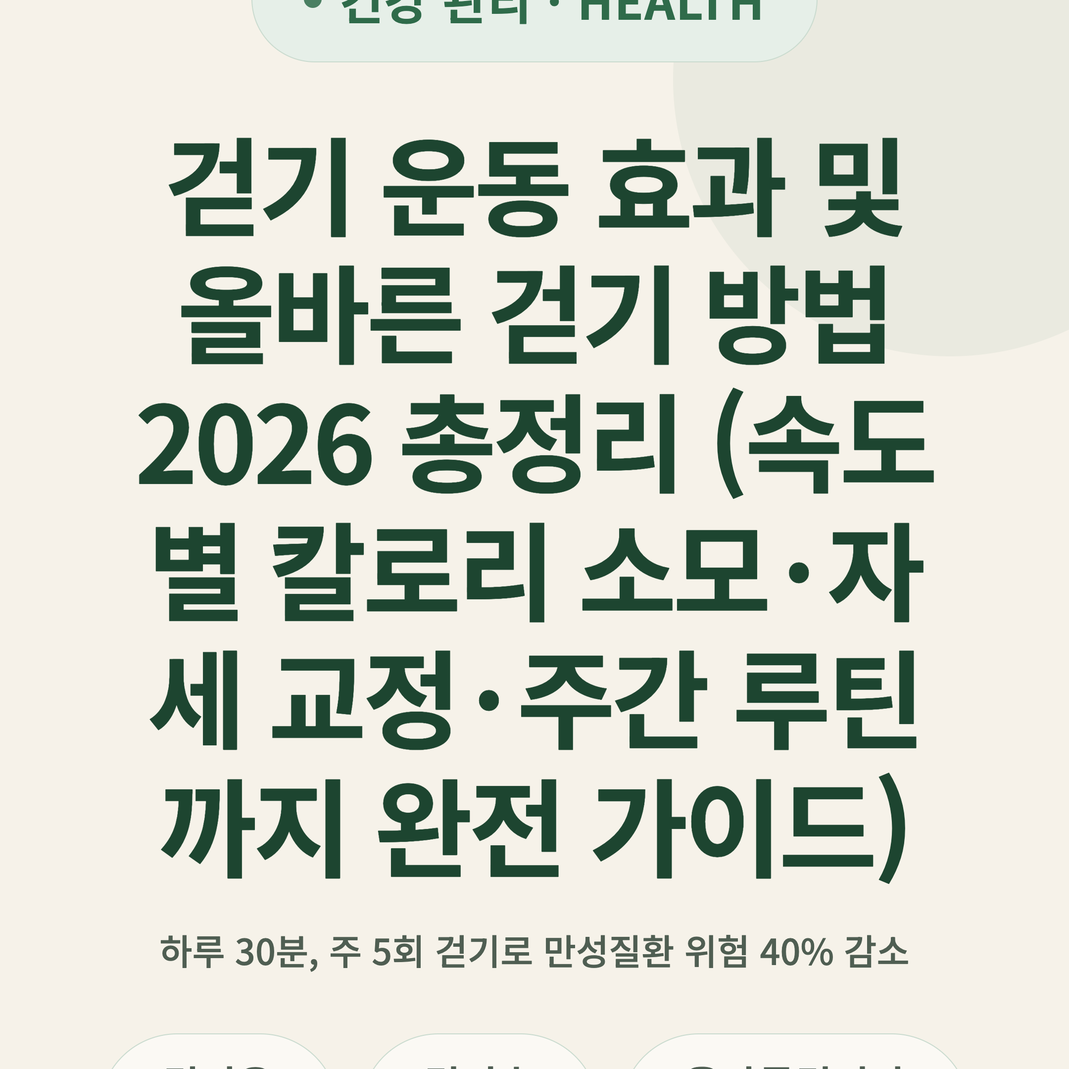 걷기 운동 효과 및 올바른 걷기 방법 2026 총정리 (속도별 칼로리 소모·자세 교정·주간 루틴까지 완전 가이드)