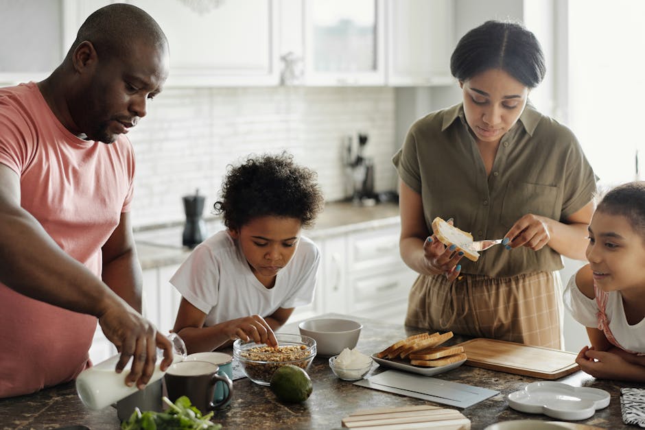 Happy family making breakfast with milk and bread in kitchen, fostering togetherness.
