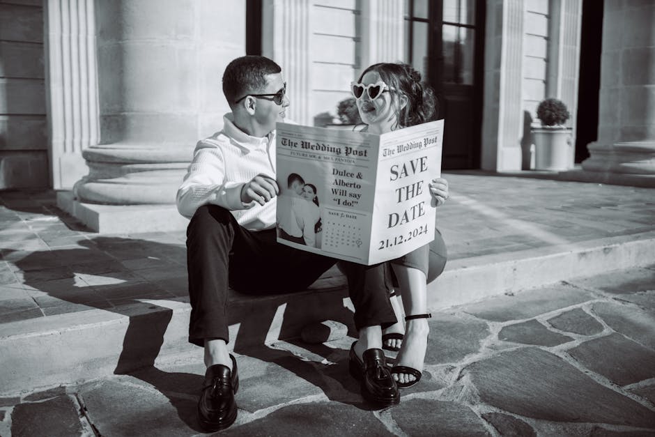 Engaged couple holding a Save the Date newspaper for their wedding.