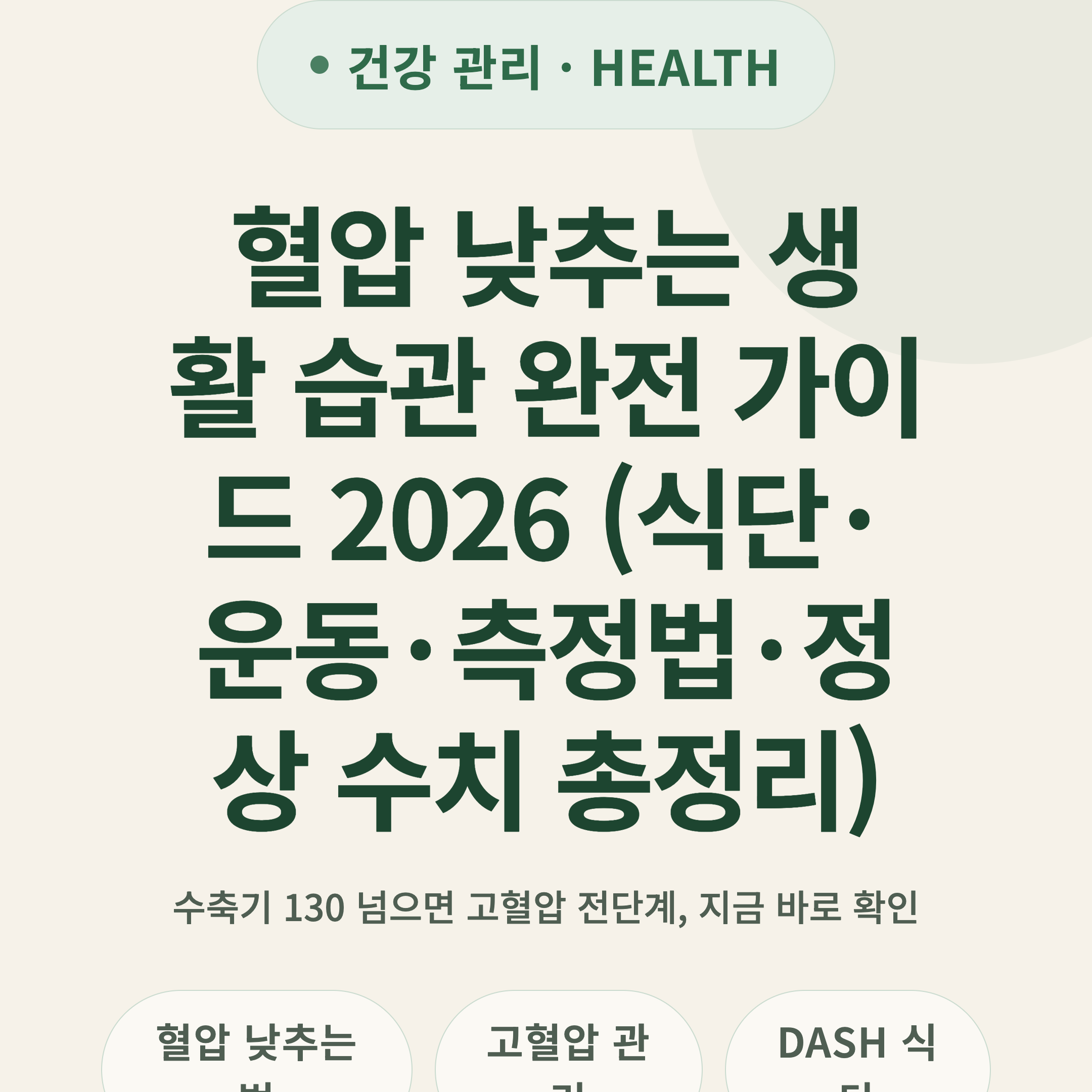 혈압 낮추는 생활 습관 완전 가이드 2026 (식단·운동·측정법·정상 수치 총정리)