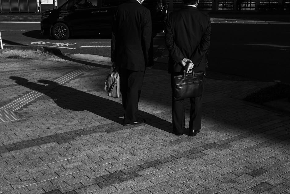 Men in suits with briefcases casting shadows on a sunlit city pavement.
