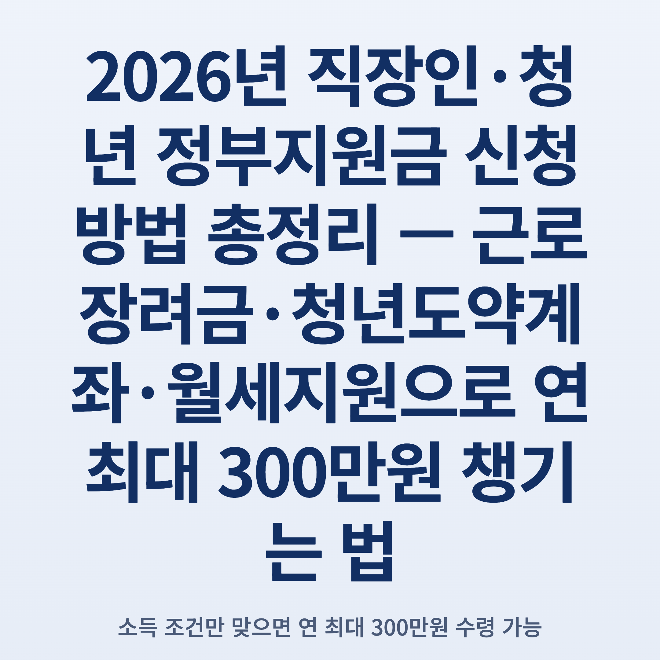 2026년 직장인·청년 정부지원금 신청 방법 총정리 — 근로장려금·청년도약계좌·월세지원으로 연 최대 300만원 챙기는 법