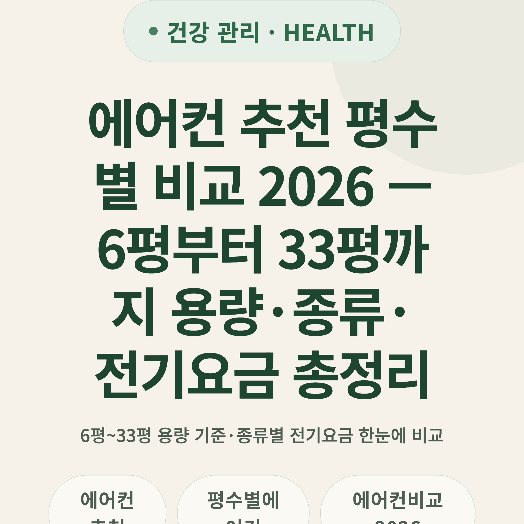 에어컨 추천 평수별 비교 2026 — 6평부터 33평까지 용량·종류·전기요금 총정리