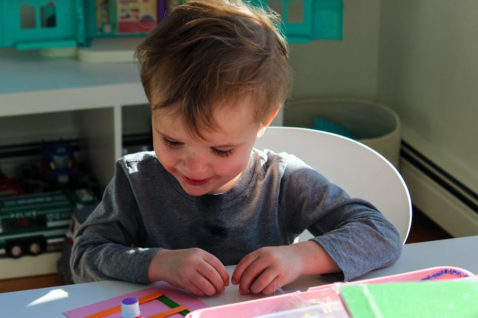 A child happily engaged in crafting activities at home, showcasing creativity and joy.