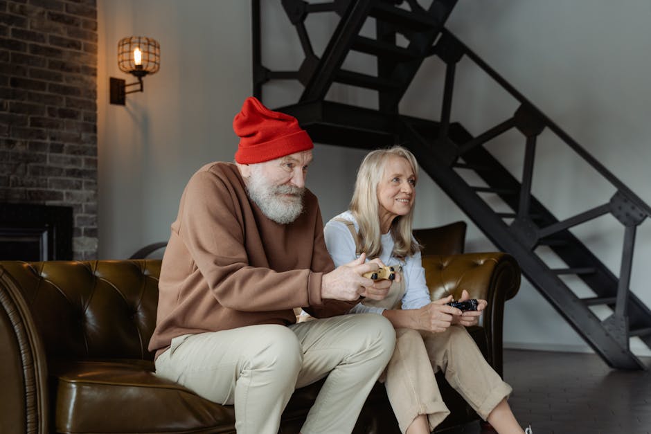 An elderly couple playing video games together in a cozy indoor setting, surrounded by modern decor.