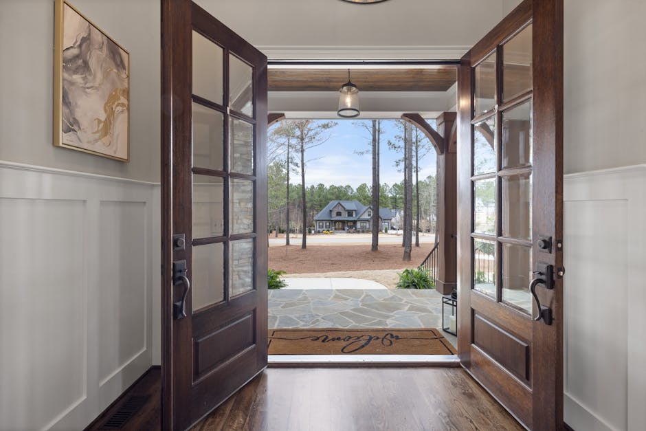 Open wooden door revealing a serene view of trees and distant house.