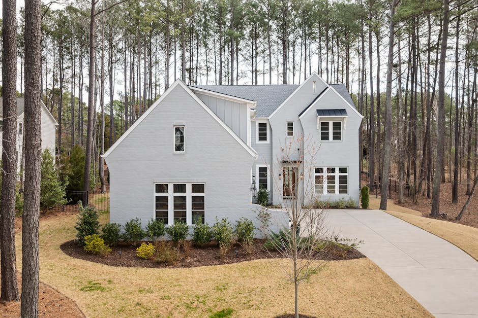 Elegant white two-story house amidst tall pine trees with a spacious driveway.