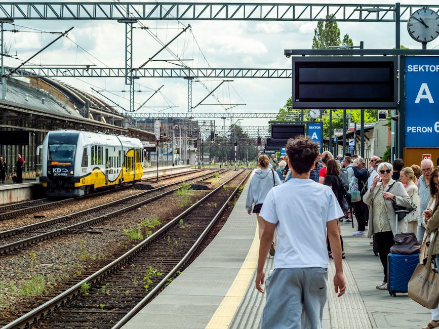 Crowd of people waiting for a train at an urban station with tracks and signage.