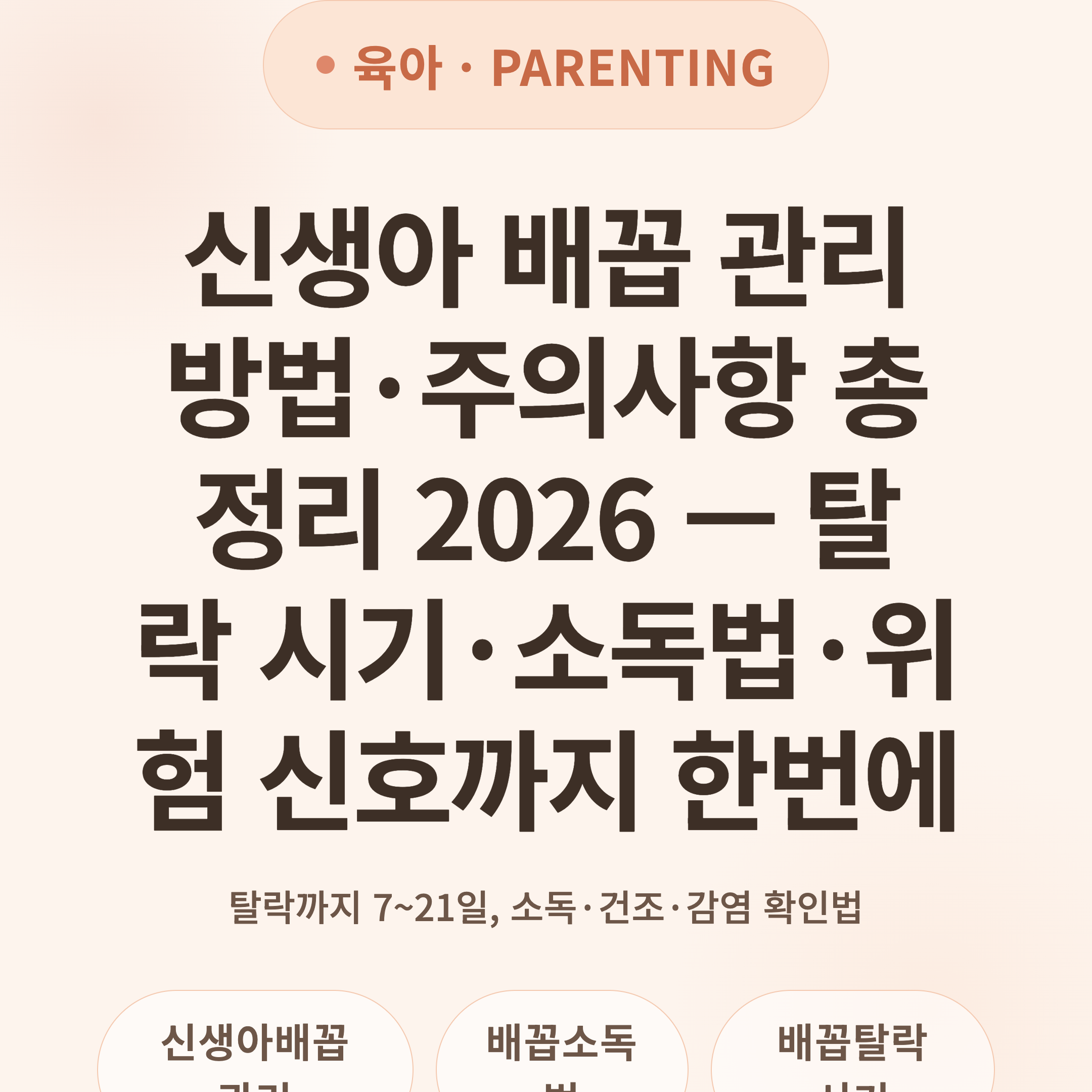 신생아 배꼽 관리 방법·주의사항 총정리 2026 — 탈락 시기·소독법·위험 신호까지 한번에