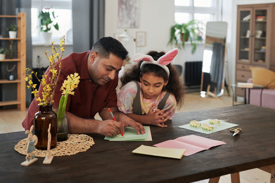Father and daughter enjoying Easter crafts together. Warm and creative indoor family bonding time.