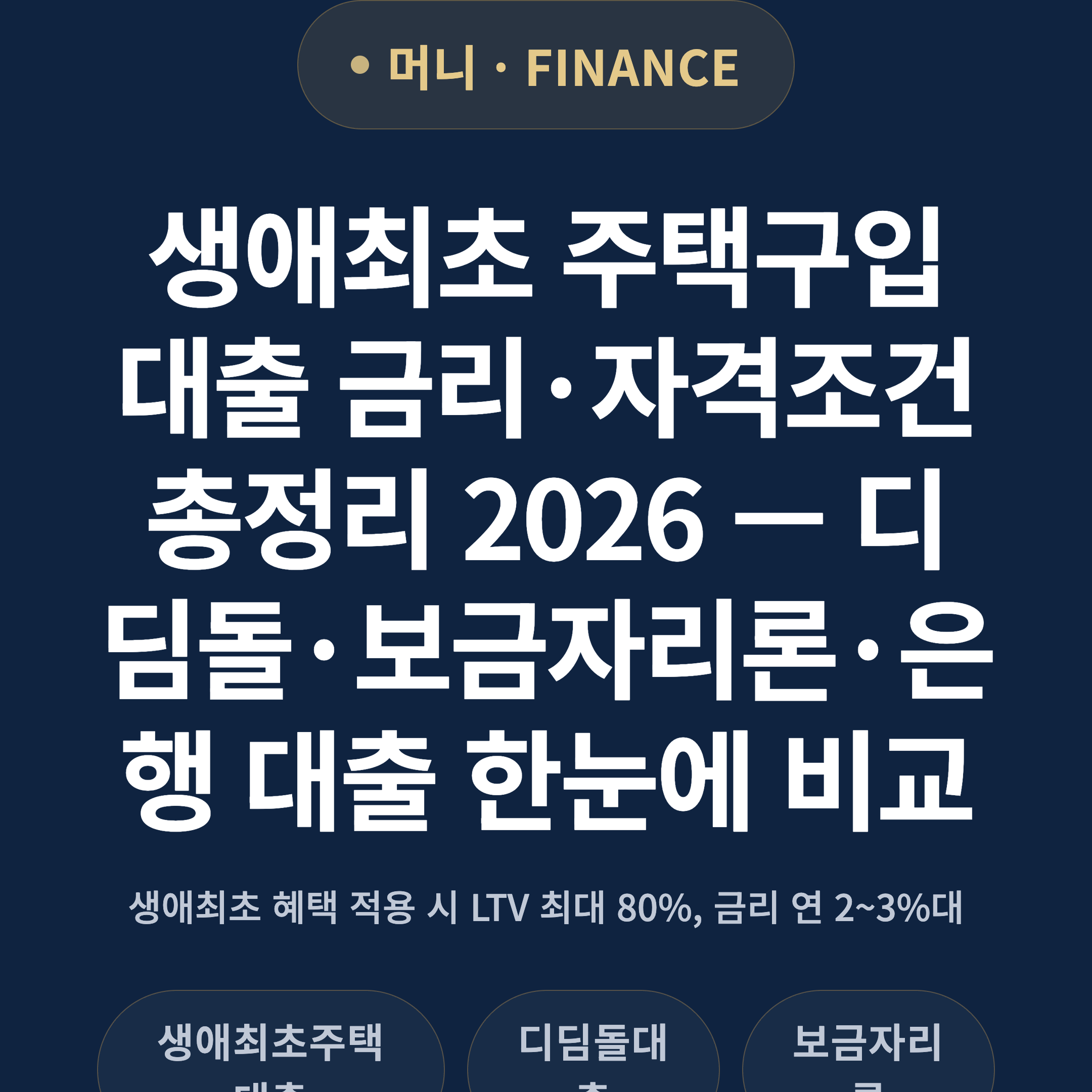 생애최초 주택구입 대출 금리·자격조건 총정리 2026 — 디딤돌·보금자리론·은행 대출 한눈에 비교