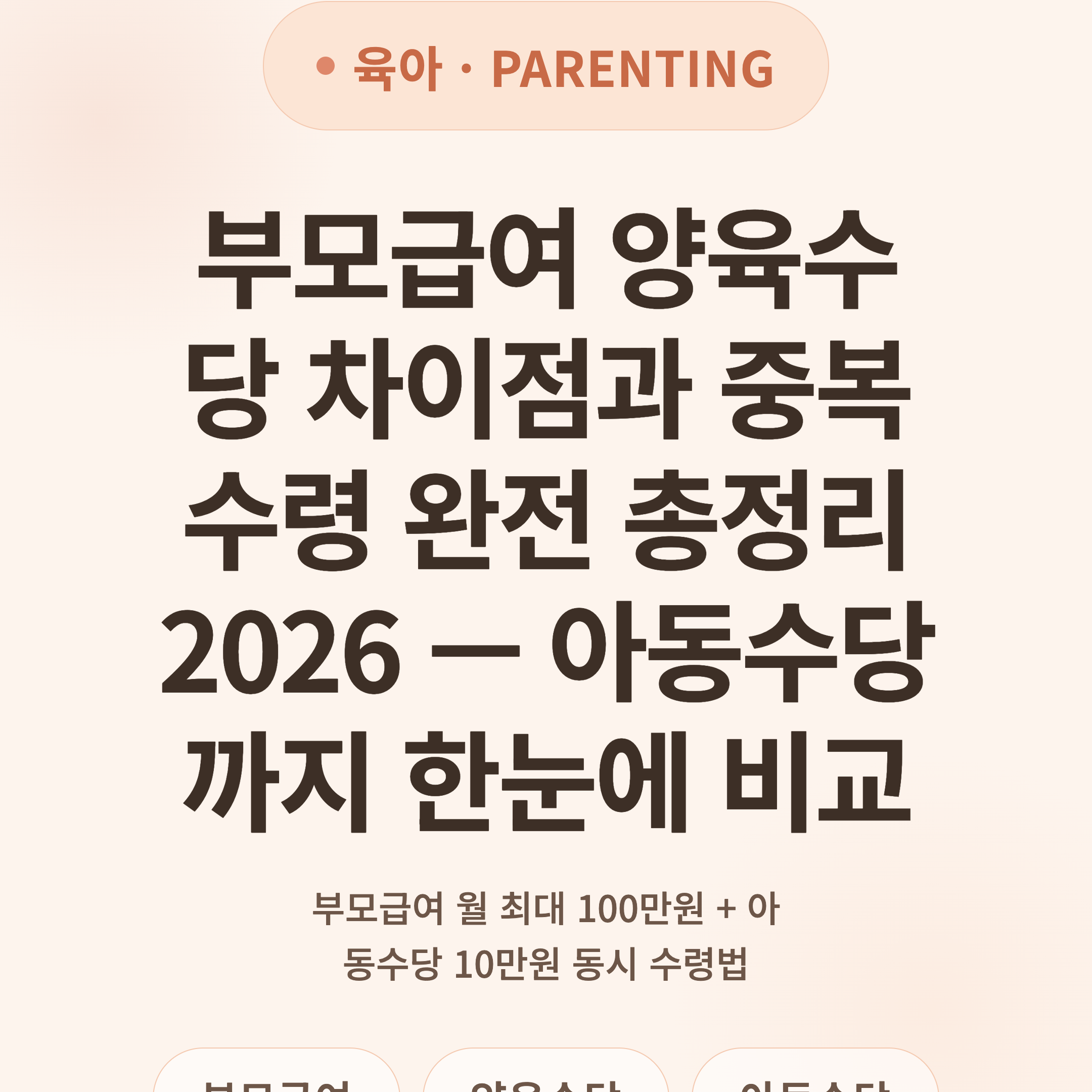 부모급여 양육수당 차이점과 중복 수령 완전 총정리 2026 — 아동수당까지 한눈에 비교