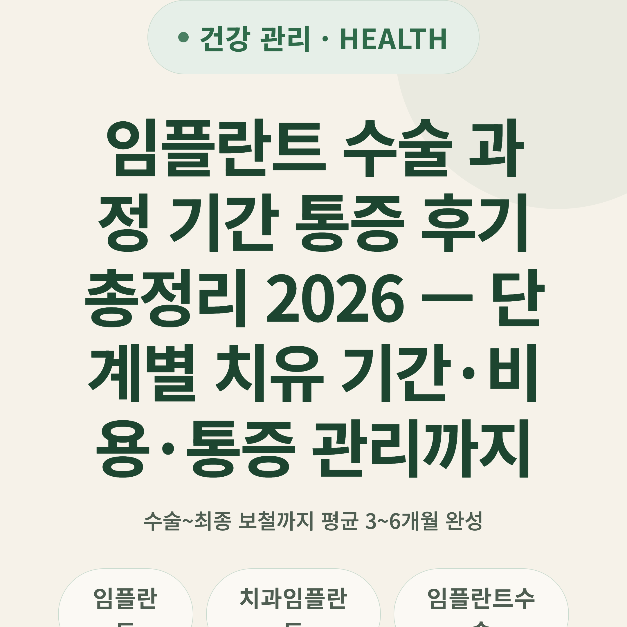 임플란트 수술 과정 기간 통증 후기 총정리 2026 — 단계별 치유 기간·비용·통증 관리까지