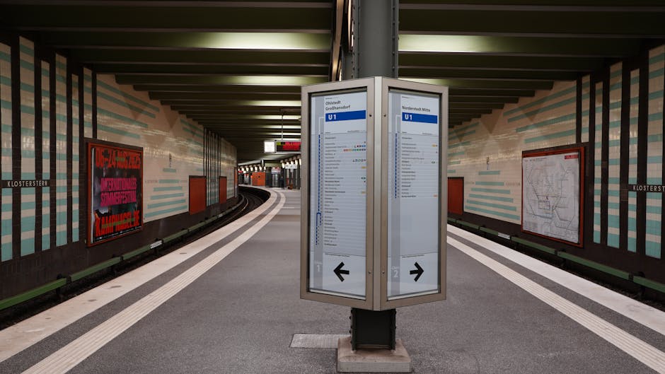 A serene scene at Klosterstern U-Bahn station in Hamburg with no commuters present.
