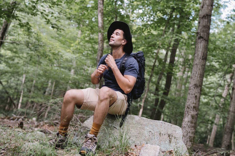 A man sits peacefully on a rock in a sunlit forest, enjoying nature and tranquility.