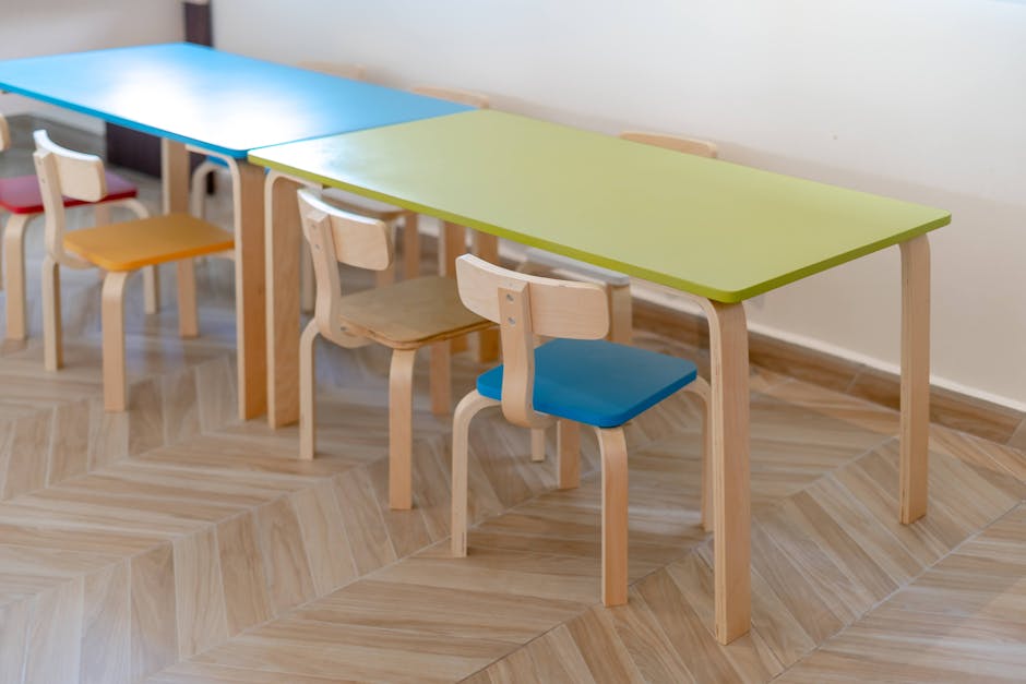 Vibrant child-sized chairs and tables in an educational setting.
