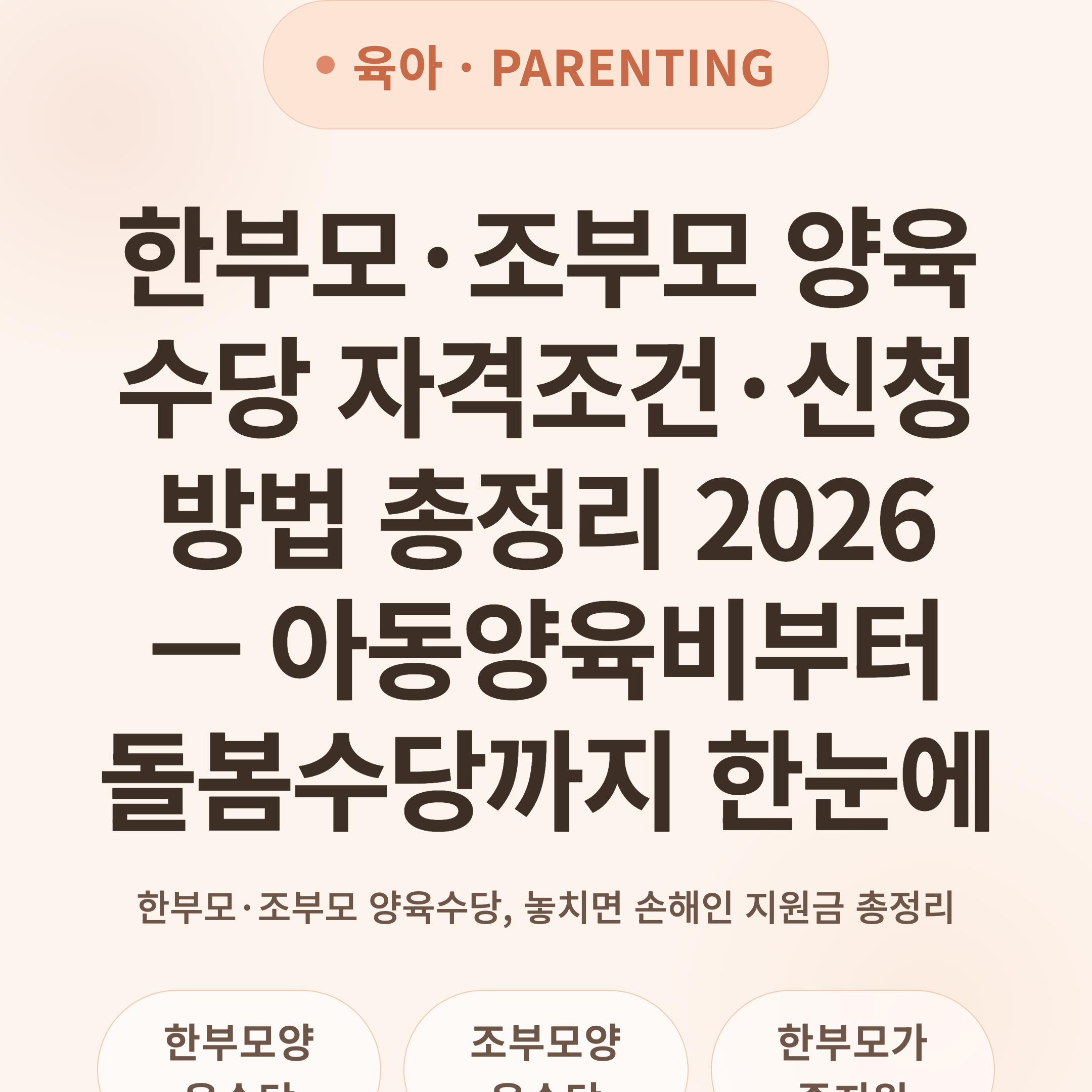한부모·조부모 양육수당 자격조건·신청 방법 총정리 2026 — 아동양육비부터 돌봄수당까지 한눈에