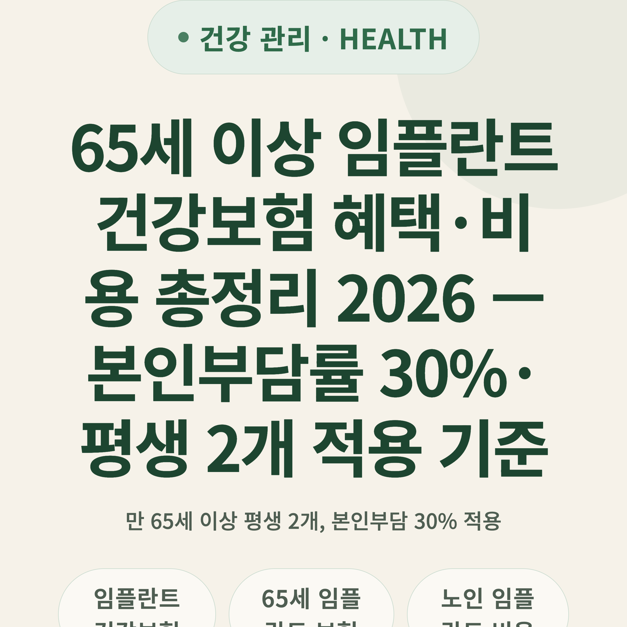 65세 이상 임플란트 건강보험 혜택·비용 총정리 2026 — 본인부담률 30%·평생 2개 적용 기준