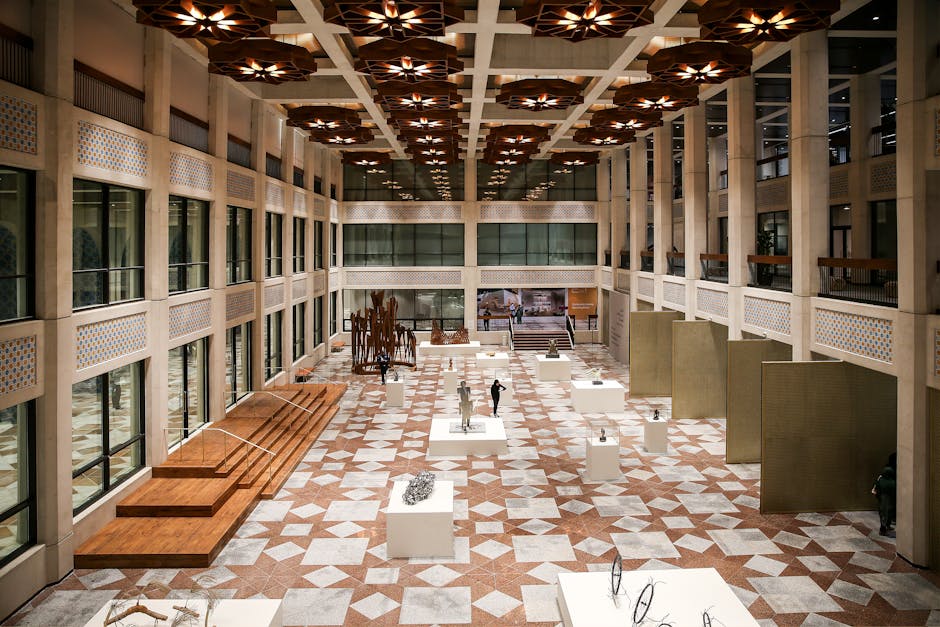 A captivating modern museum hall featuring contemporary exhibits and architectural design.