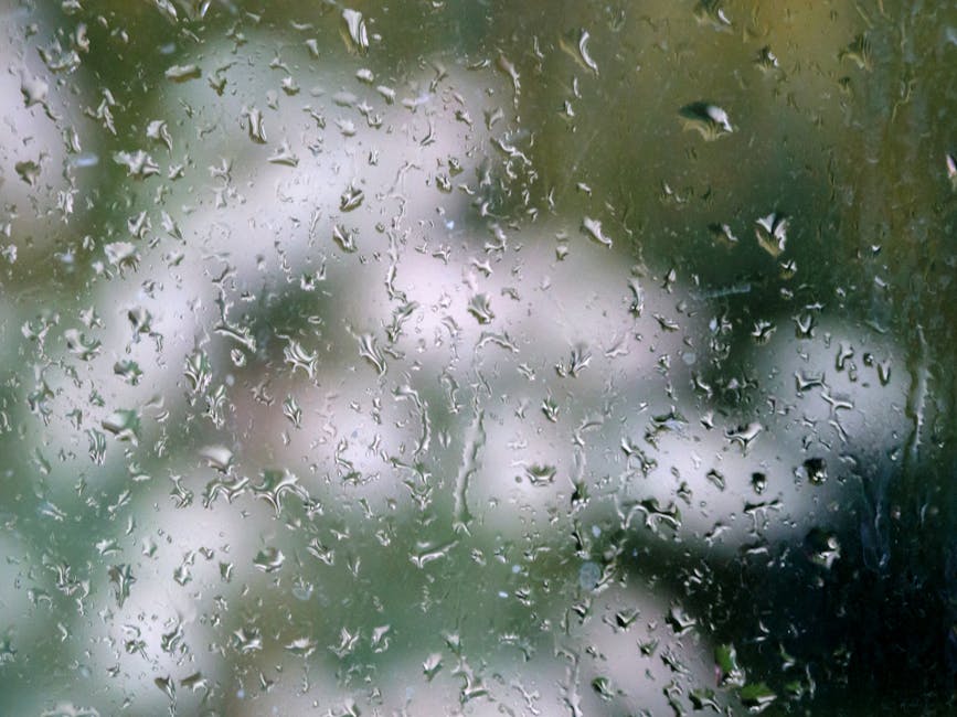 Close-up of raindrops on a window pane with a blurred green background.