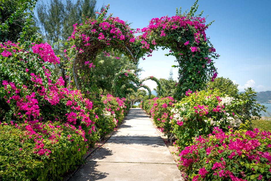 Stunning heart-shaped flower archway with vibrant pink blooms along a sunny garden path.