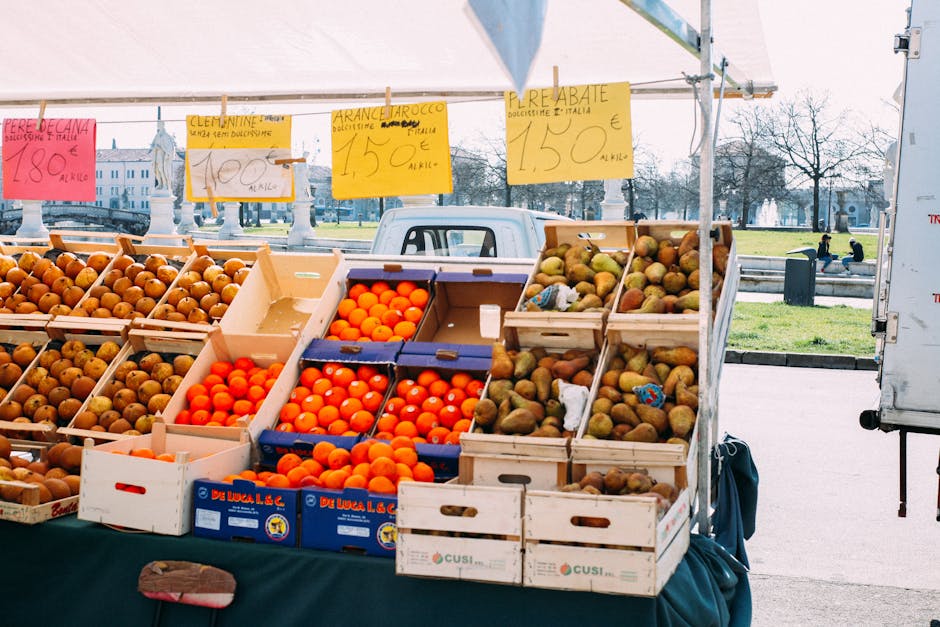 Colorful fruit market stall in Padova, Italy, featuring fresh pears and citrus under a sunny sky.