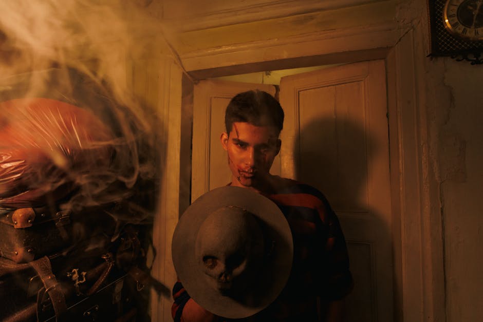 A man in a dimly lit room holds a hat adorned with a skull, surrounded by smoke.