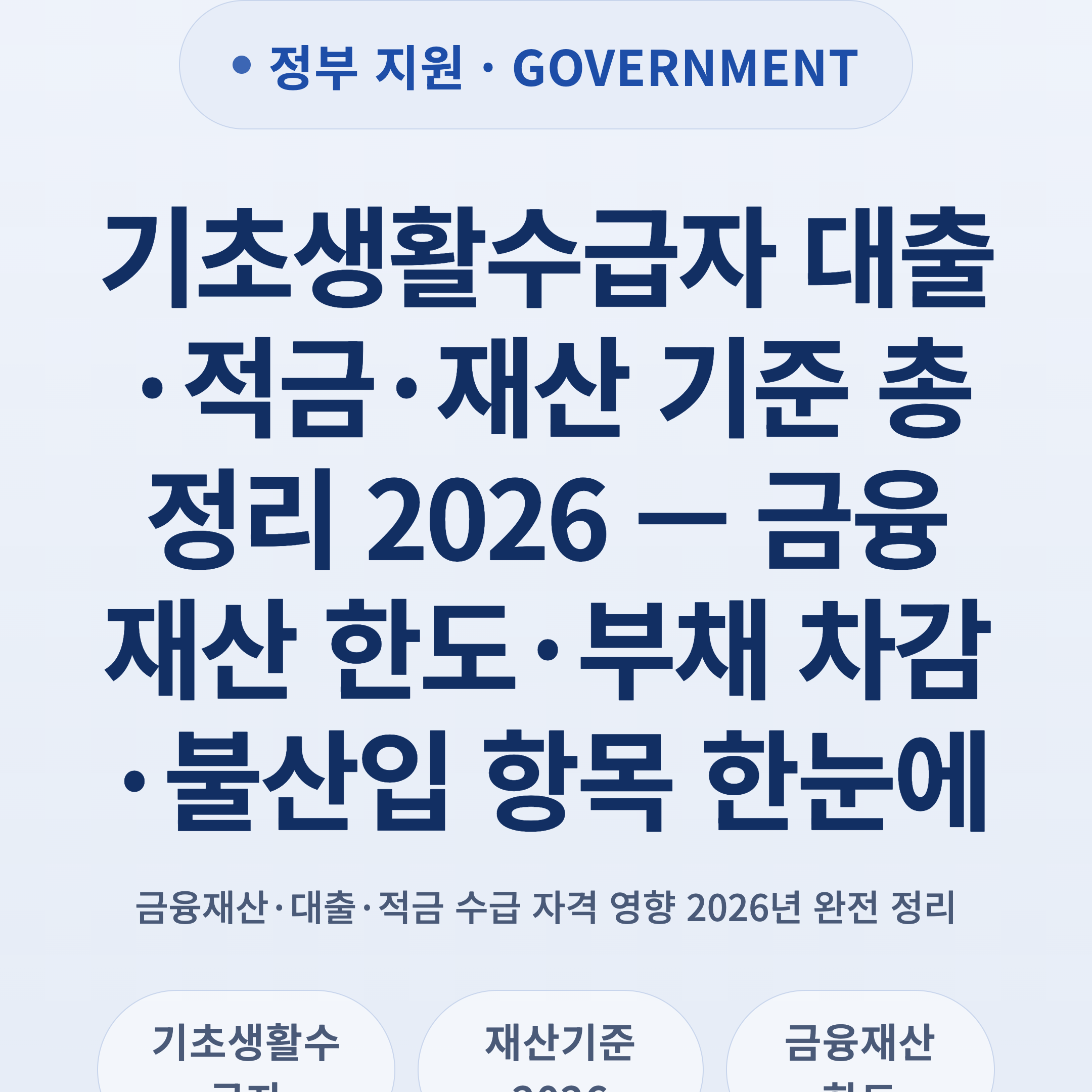 기초생활수급자 대출·적금·재산 기준 총정리 2026 — 금융재산 한도·부채 차감·불산입 항목 한눈에