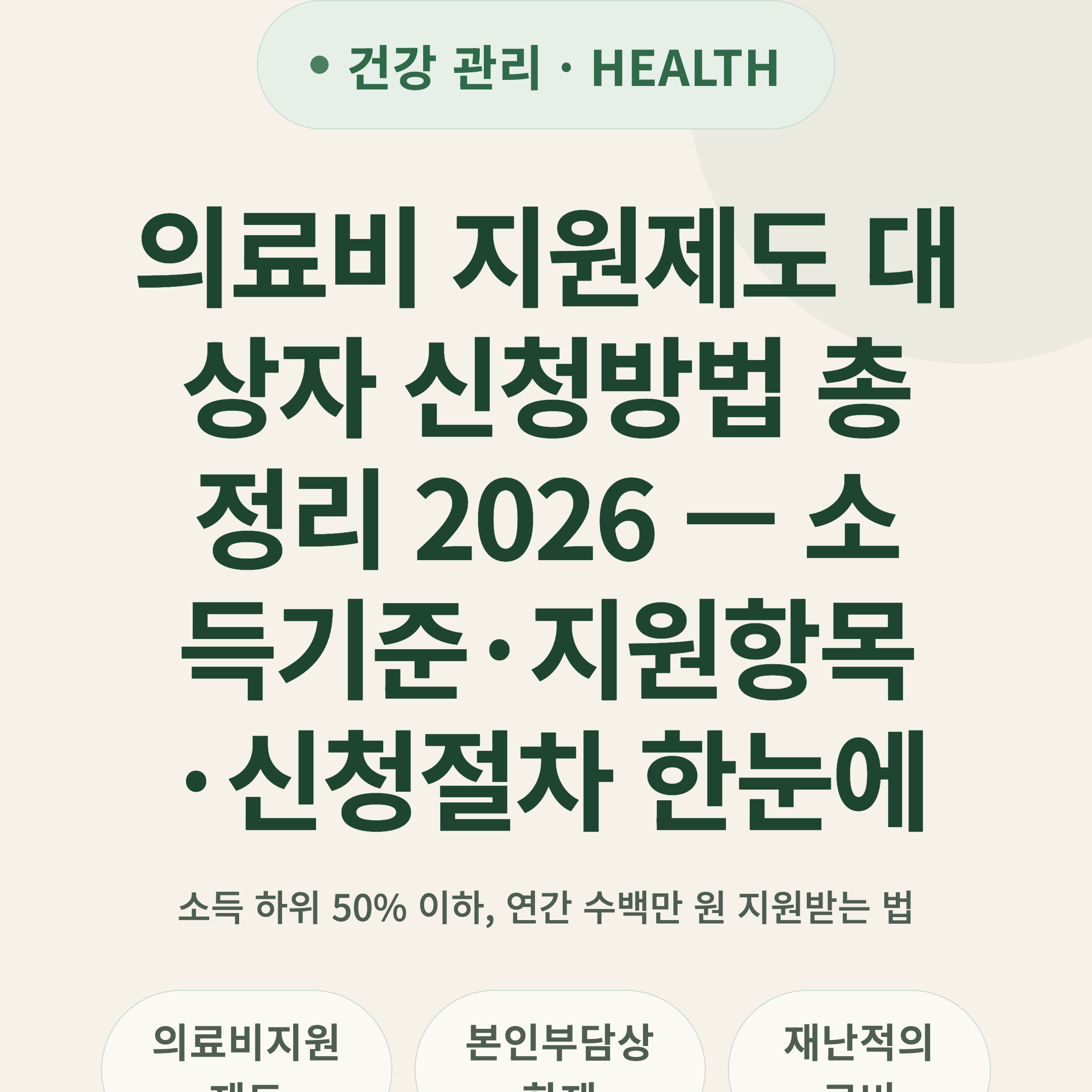 의료비 지원제도 대상자 신청방법 총정리 2026 — 소득기준·지원항목·신청절차 한눈에