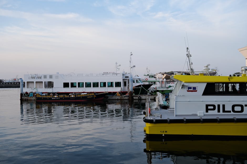 Scenic view of boats moored at Yokohama harbor under a serene sky, reflecting on water.
