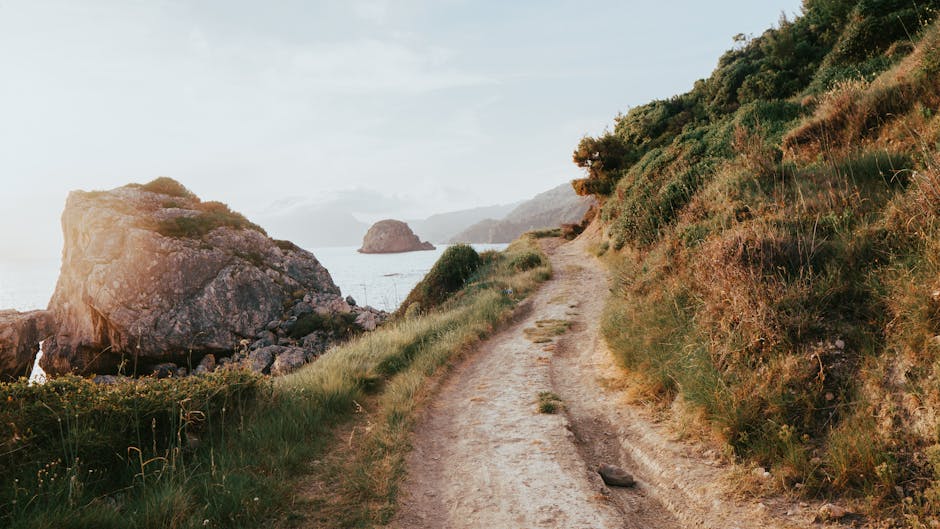 A picturesque dirt road meandering along the seaside with lush hills and sea views.