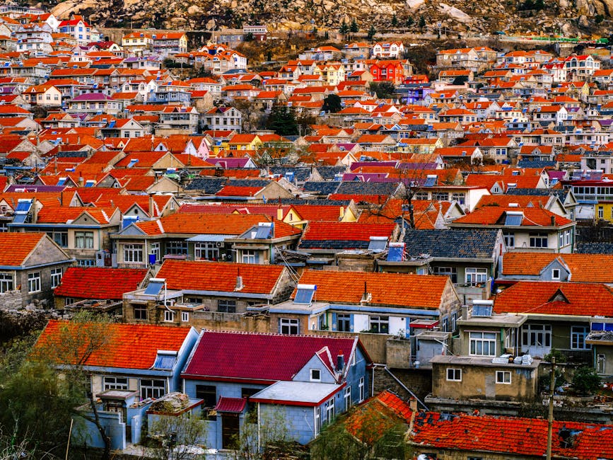 Colorful aerial view showcasing a hillside full of red rooftops in a residential neighborhood.