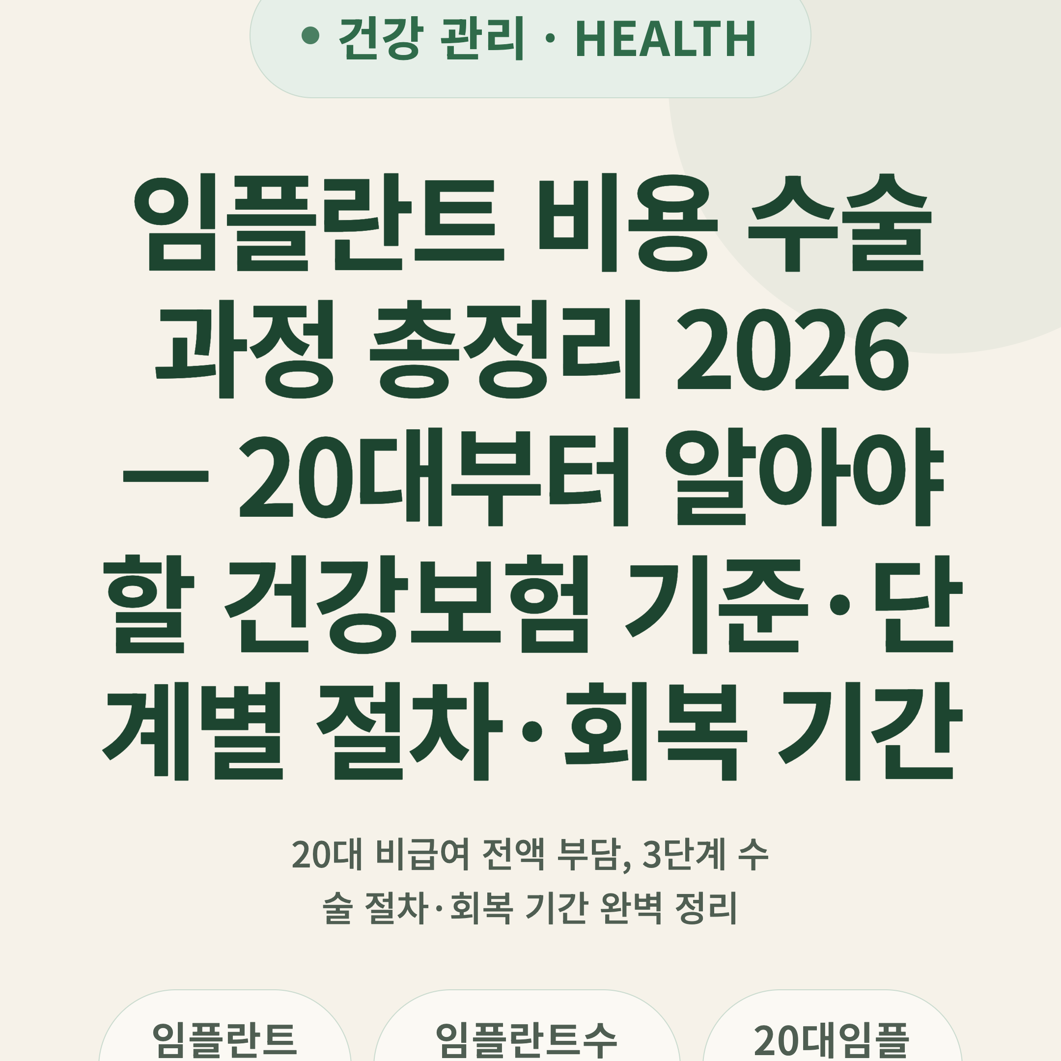 임플란트 비용 수술 과정 총정리 2026 — 20대부터 알아야 할 건강보험 기준·단계별 절차·회복 기간