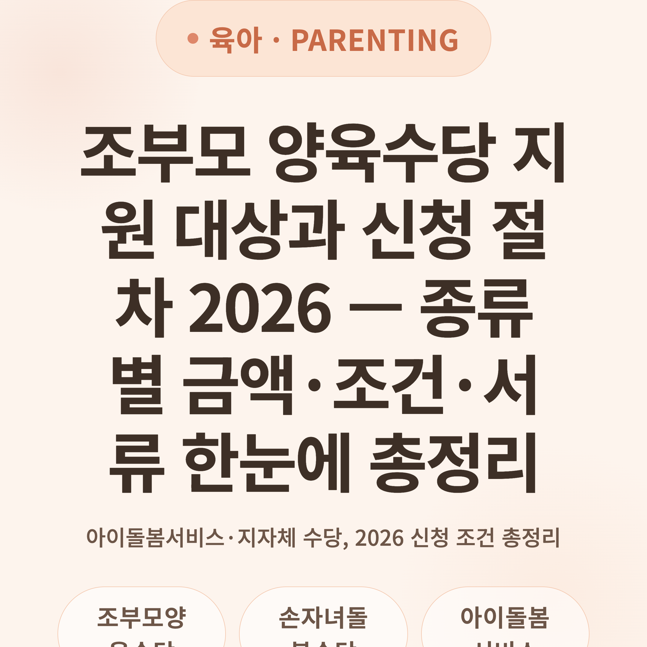조부모 양육수당 지원 대상과 신청 절차 2026 — 종류별 금액·조건·서류 한눈에 총정리