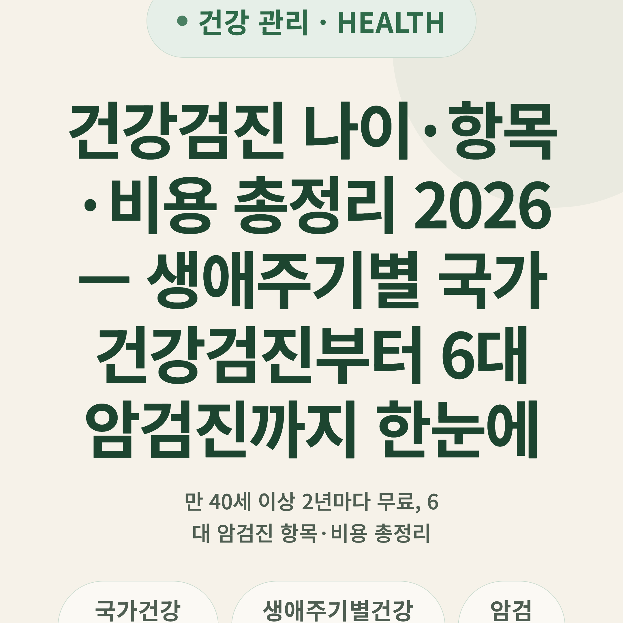 건강검진 나이·항목·비용 총정리 2026 — 생애주기별 국가건강검진부터 6대 암검진까지 한눈에