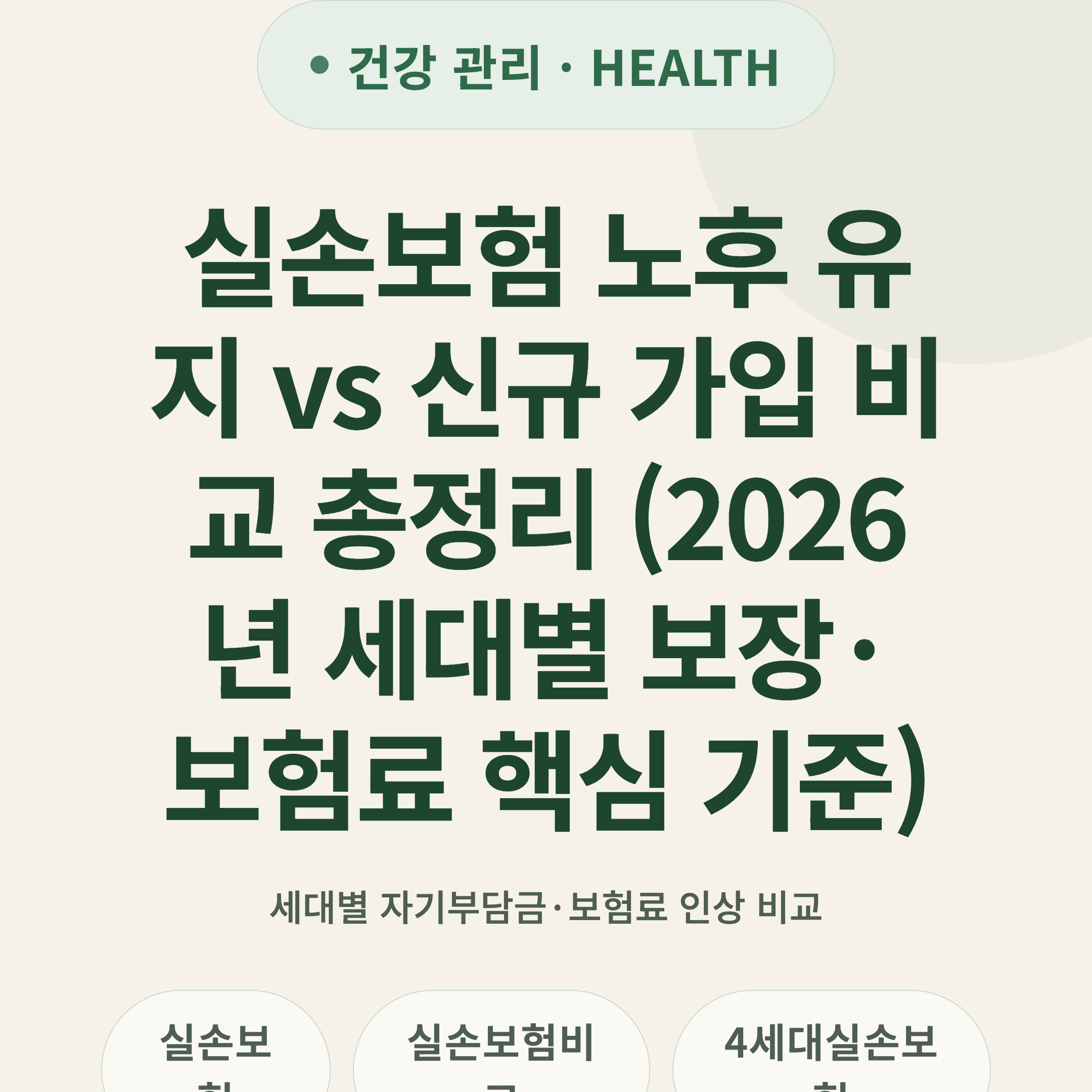 실손보험 노후 유지 vs 신규 가입 비교 총정리 (2026년 세대별 보장·보험료 핵심 기준)