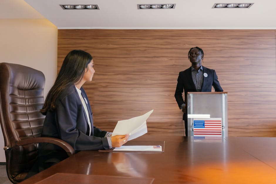 Professional business meeting in a conference room with diverse participants and political elements.
