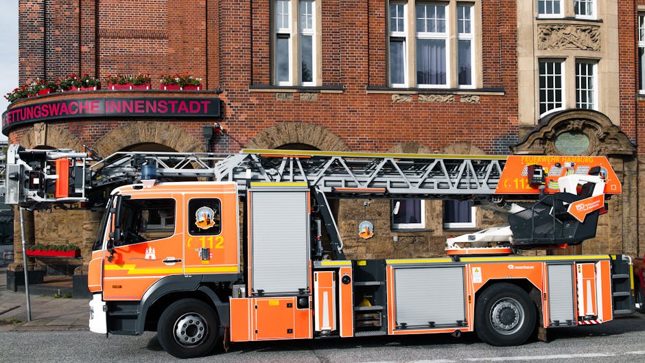 Fire truck parked outside the Rettungswache Innenstadt in Hamburg.