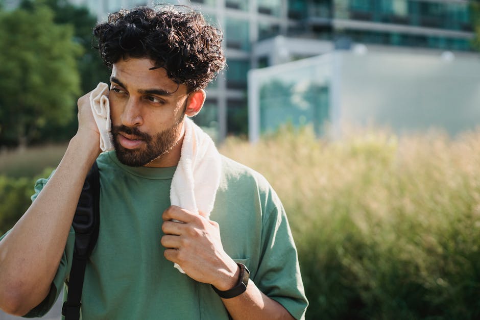 Man taking a break from exercise, using a towel to cool down outdoors on a sunny day.