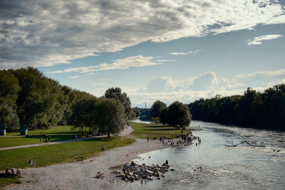 People enjoying a sunny day at a tranquil riverside park.