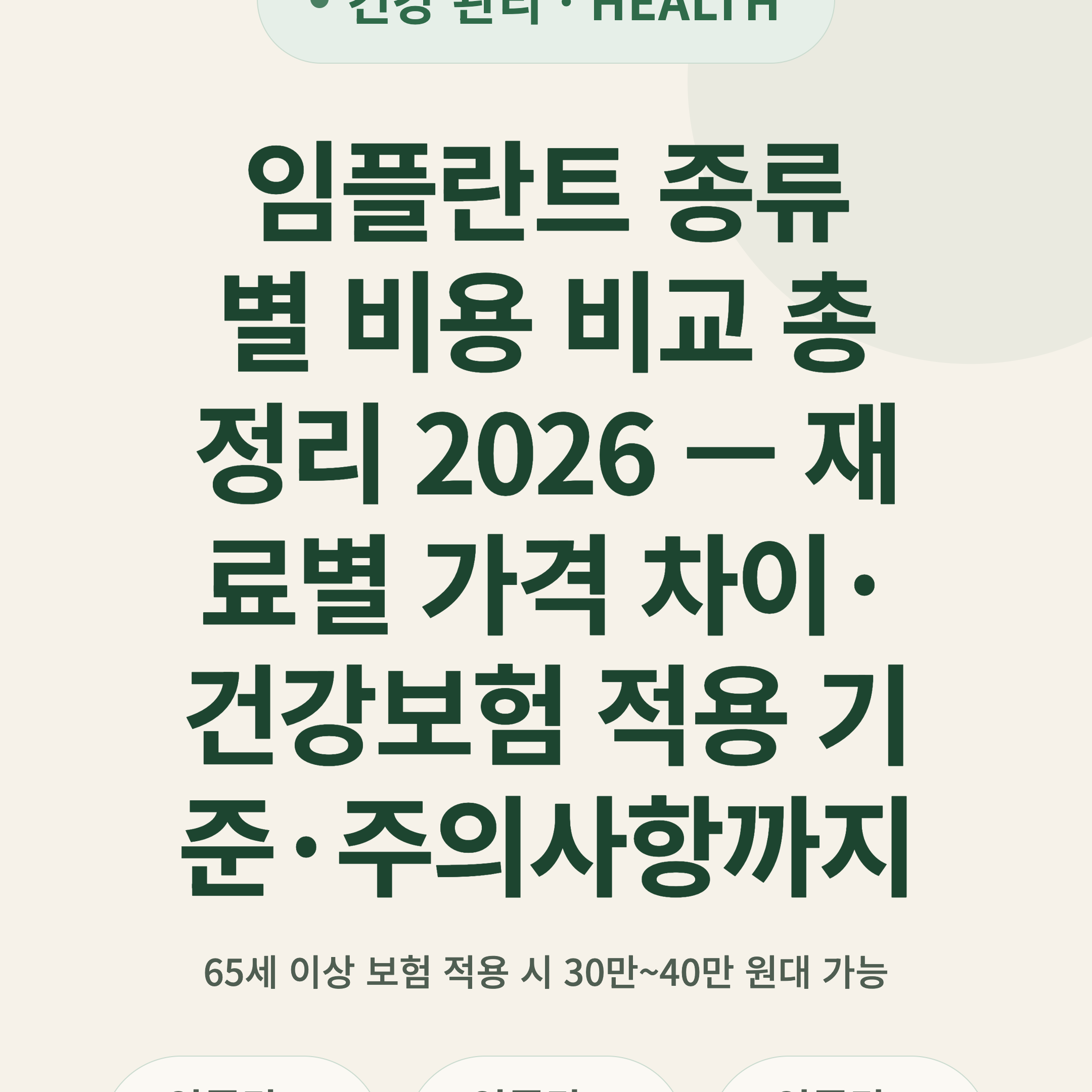 임플란트 종류별 비용 비교 총정리 2026 — 재료별 가격 차이·건강보험 적용 기준·주의사항까지