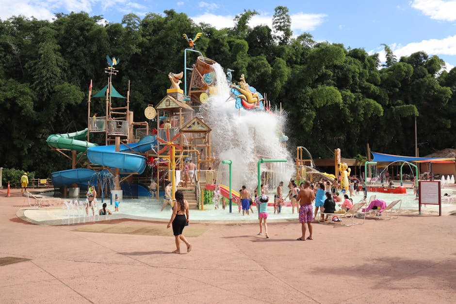 Families enjoying a lively day at Rio Quente's colorful water park with slides and splash zones.