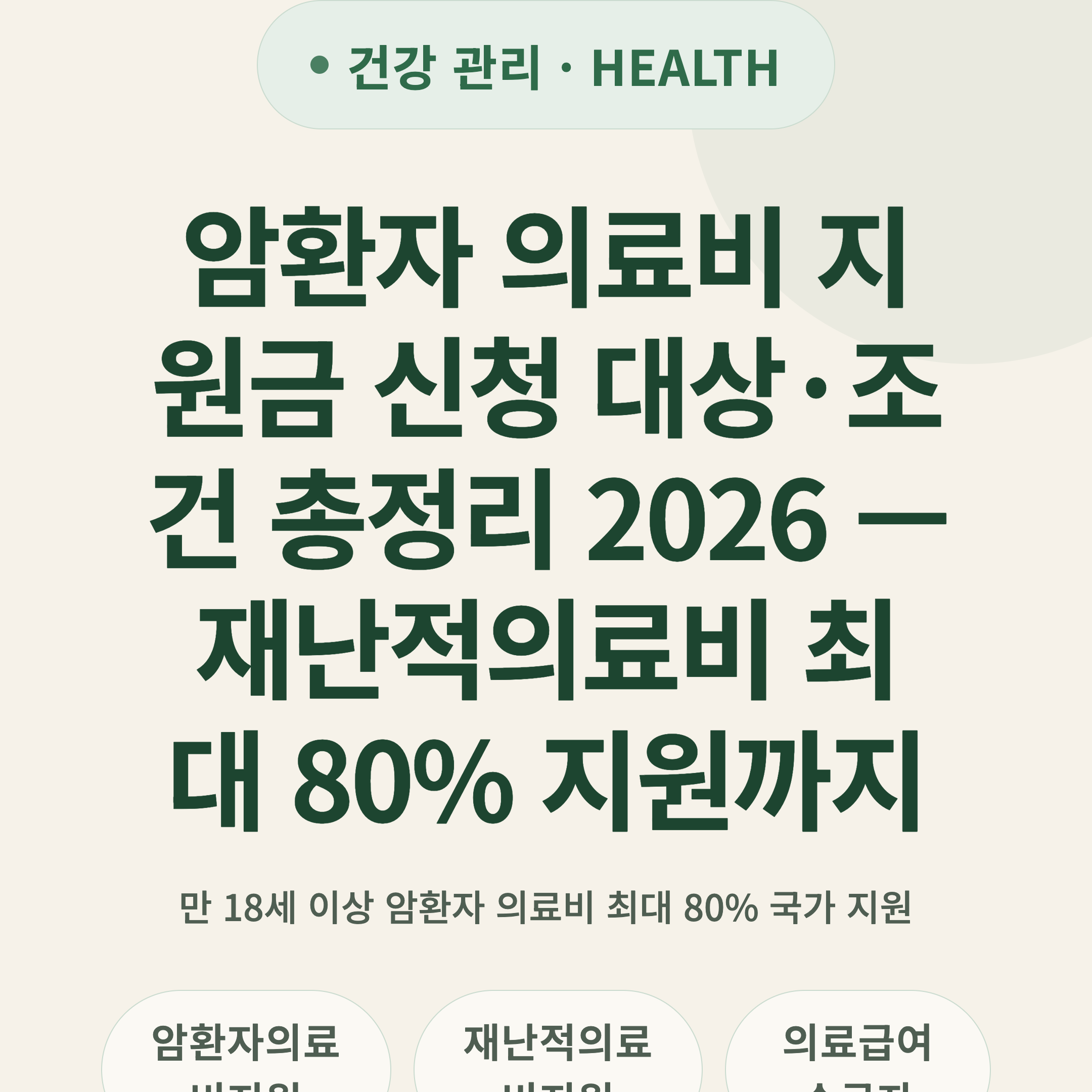 암환자 의료비 지원금 신청 대상·조건 총정리 2026 — 재난적의료비 최대 80% 지원까지