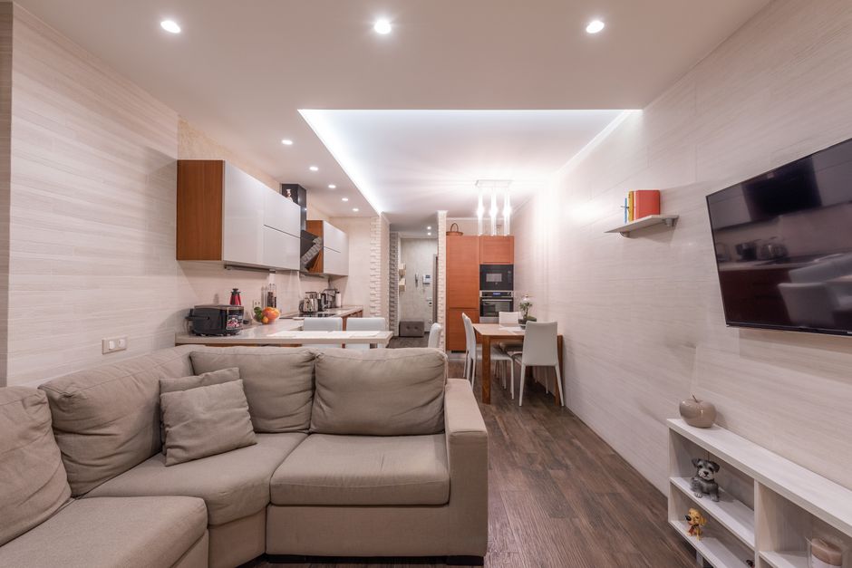 Stylish studio apartment with modern open-plan living room and kitchen design.