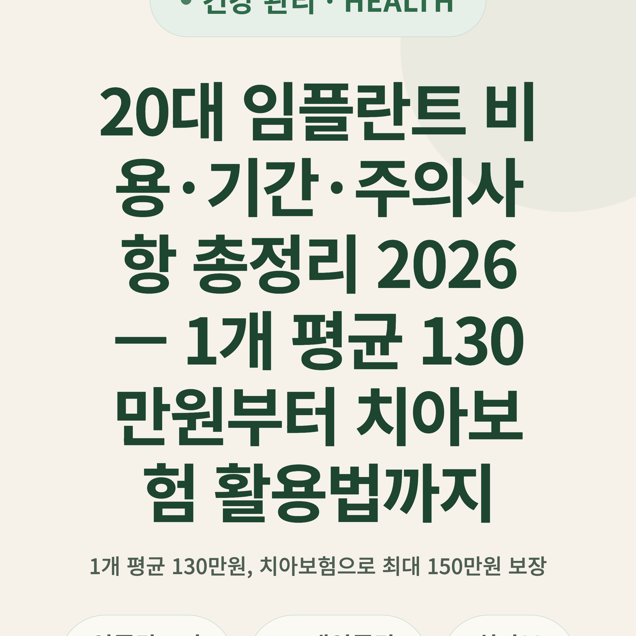 20대 임플란트 비용·기간·주의사항 총정리 2026 — 1개 평균 130만원부터 치아보험 활용법까지